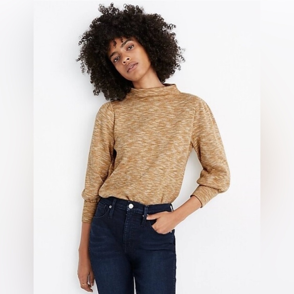 Madewell | Women’s caramel/white heather 3/4 puffer sleeve shirt mock neck sz S